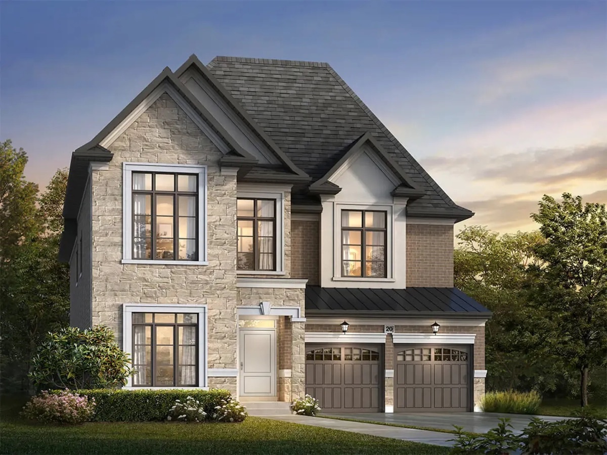 Detached home rendering at Bridgelands Vaughan — stone facade with double garage